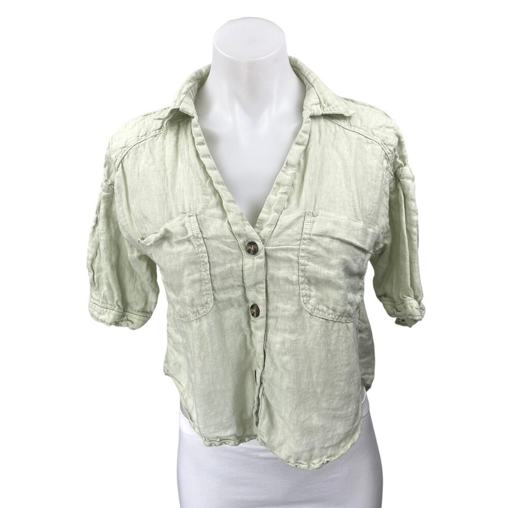 Zara Green Collared Pockets Short Sleeve Button Down Crop Shirt Top Size XS